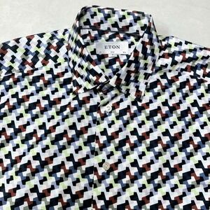 Eton Dress Shirt Men 15.5 / 39 Slim Geometric Colorful Button Up Twill White